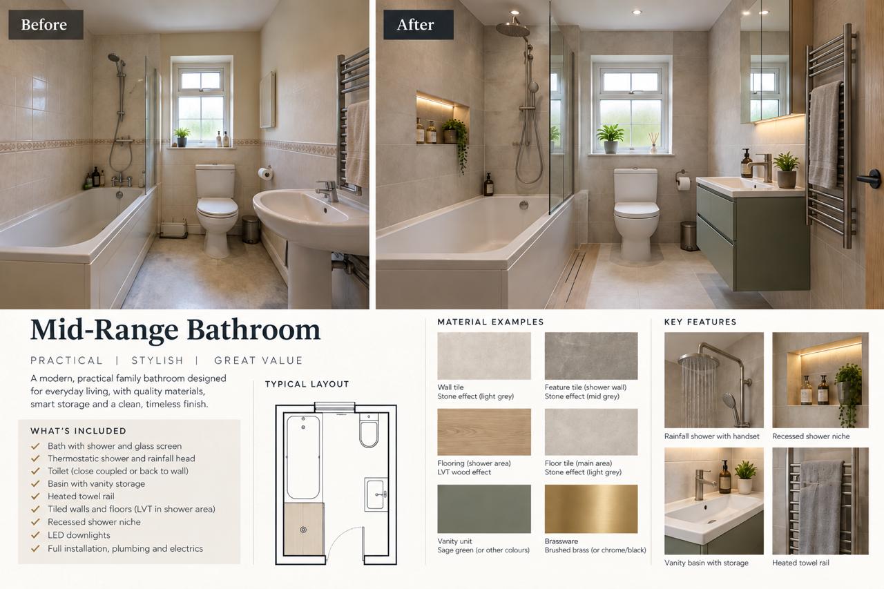 Mid-range family bathroom project board showing before and after views, specification, layout and material details
