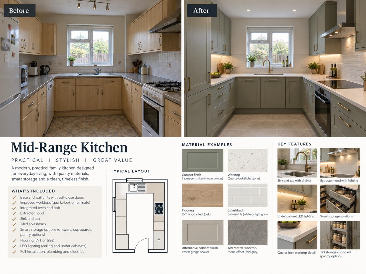 Mid-range family kitchen project board showing before and after views, specification, layout and material details