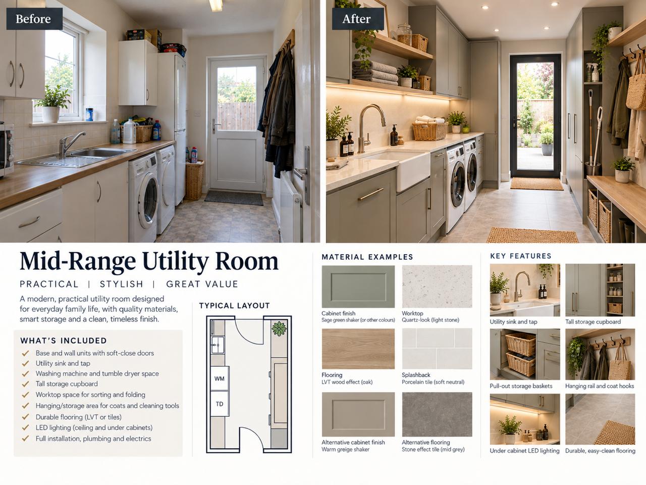 Mid-range utility-room project board showing before and after views, specification, layout and material details